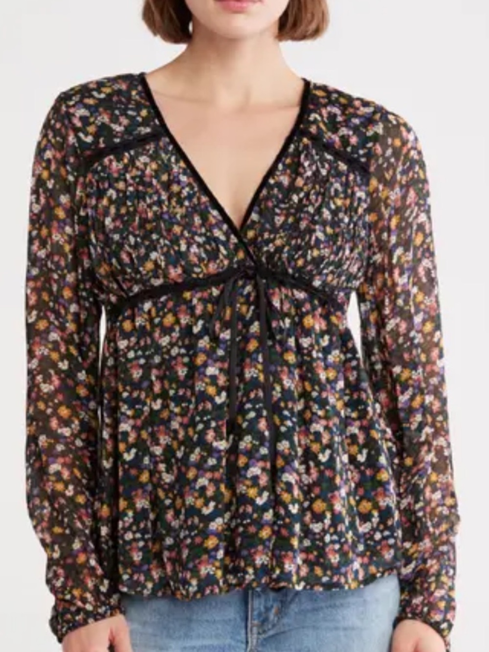 Lucky brand Long Sleeve Ruffle Bodice Top floral v neck sz‎ M